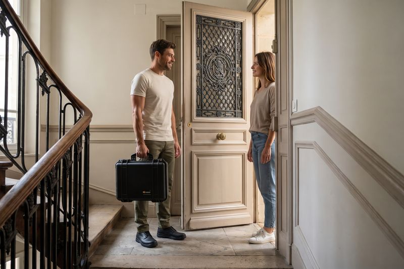 Technicien tenant une mallette accueilli par une cliente sur le palier d'un immeuble ancien
