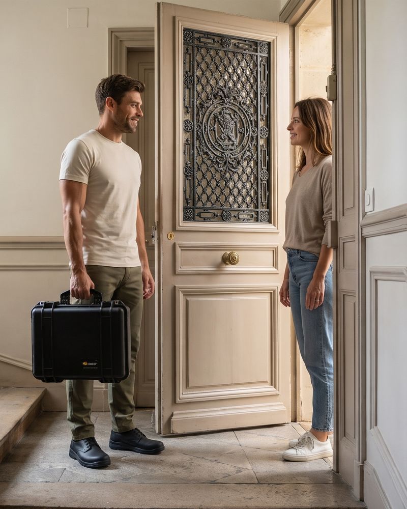 Technicien tenant une mallette accueilli par une cliente sur le palier d'un immeuble ancien