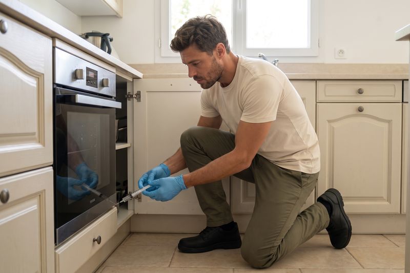 Technicien à genoux appliquant du gel à la seringue dans l'interstice entre un four encastré et un meuble