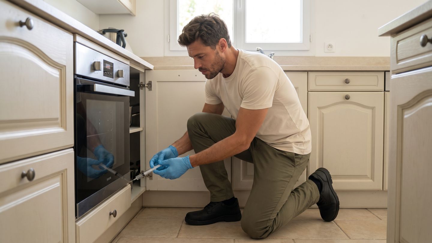 Technicien à genoux appliquant du gel à la seringue dans l'interstice entre un four encastré et un meuble