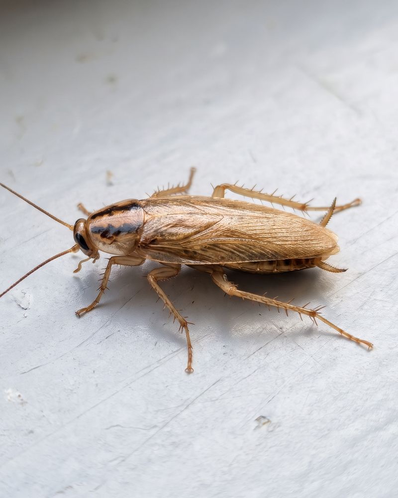 Blatte germanique adulte brun clair avec deux bandes sombres sur le pronotum, sur fond blanc