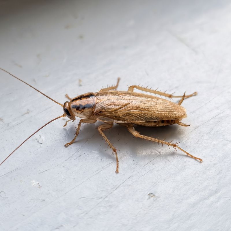 Blatte germanique adulte brun clair avec deux bandes sombres sur le pronotum, sur fond blanc