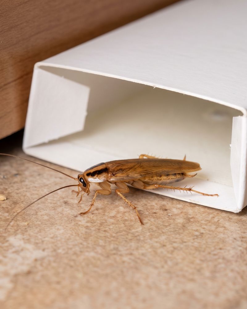 Blatte germanique sortant d'une boîte-piège en carton posée au pied d'une plinthe