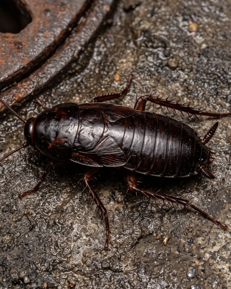 Blatte orientale noire près d'une grille d'évacuation rouillée sur un sol humide