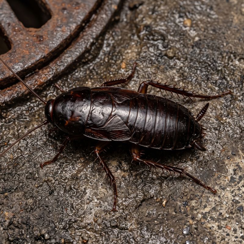 Blatte orientale noire près d'une grille d'évacuation rouillée sur un sol humide