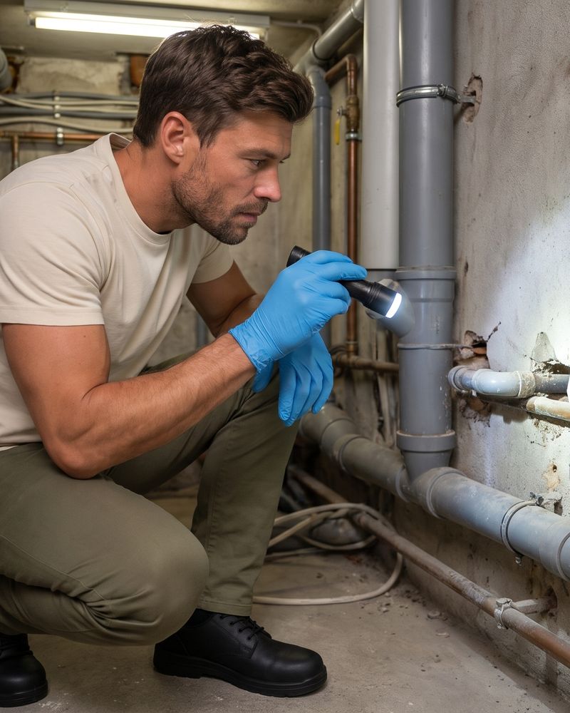 Technicien éclairant à la lampe torche les passages de canalisations dans le mur d'une gaine technique