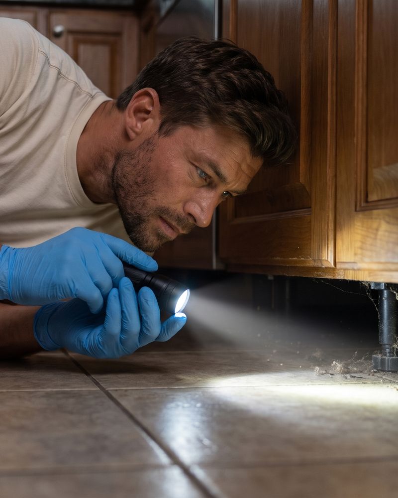 Technicien allongé au sol éclairant à la lampe torche l'espace sous des meubles de cuisine