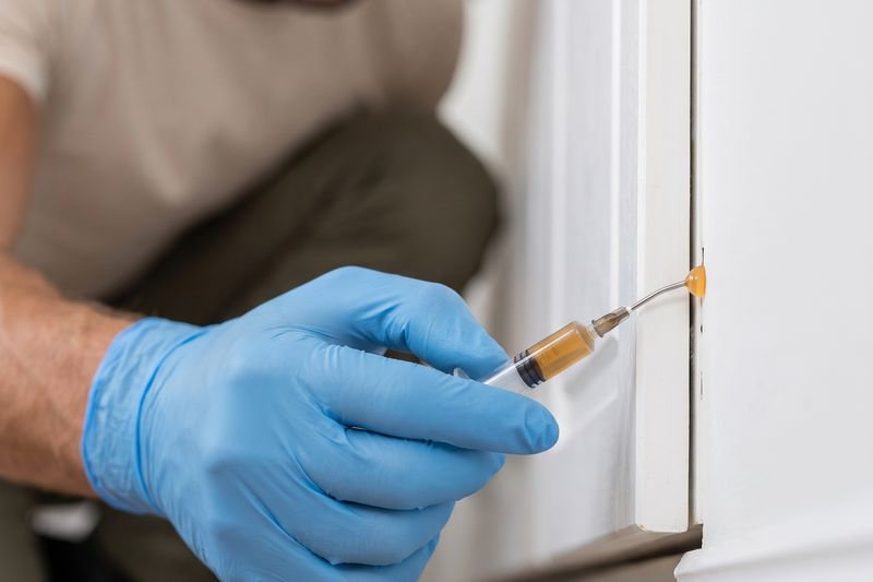 Main gantée de bleu déposant une goutte de gel à la seringue dans la jonction entre un meuble et une plinthe