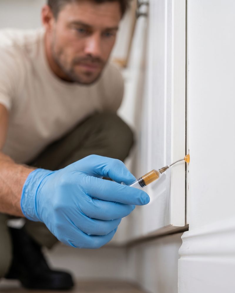 Main gantée de bleu déposant une goutte de gel à la seringue dans la jonction entre un meuble et une plinthe