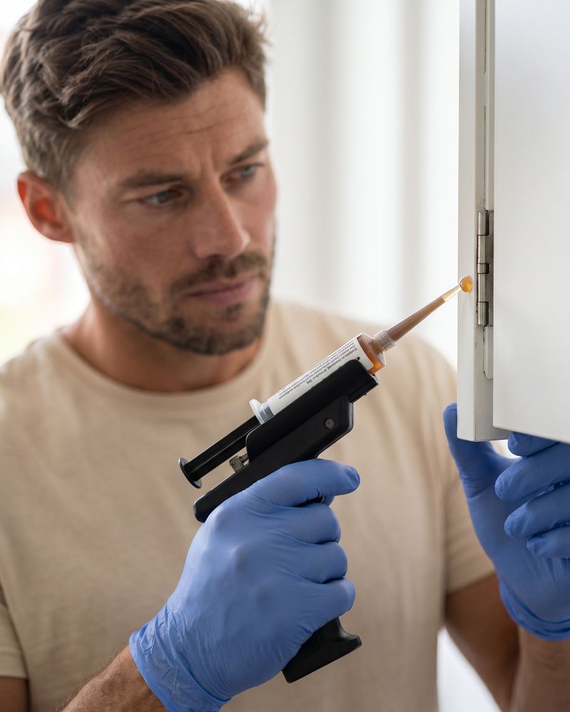 Technicien ganté de bleu déposant une goutte de gel au pistolet applicateur près de la charnière d'une porte de placard