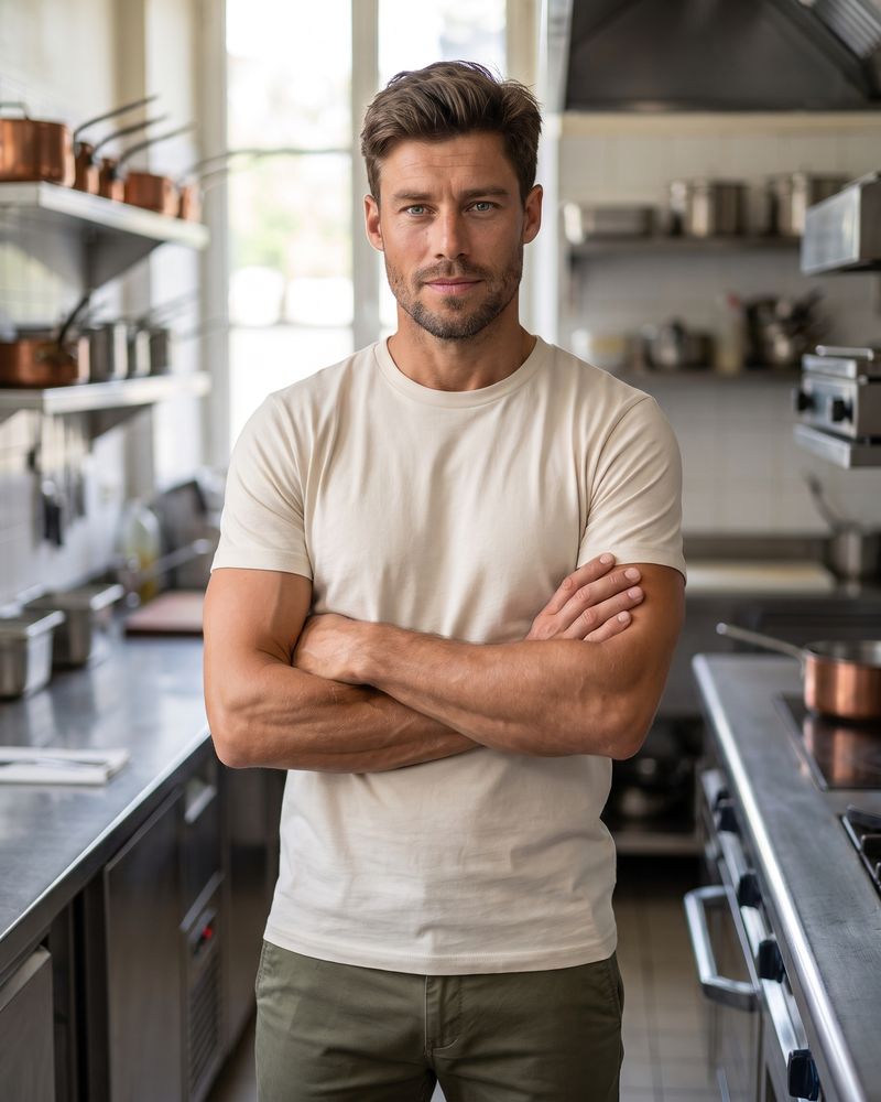 Technicien bras croisés en T-shirt crème dans une cuisine professionnelle