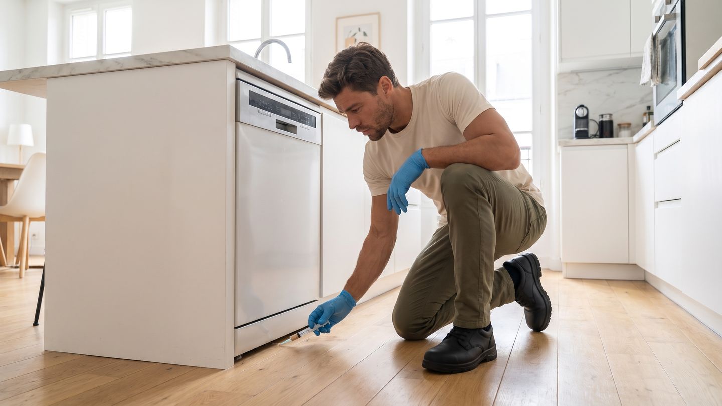 Technicien à genoux appliquant du gel à la seringue au pied d'un lave-vaisselle dans une cuisine blanche