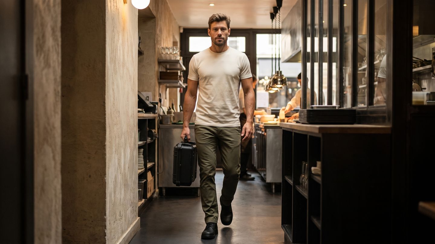 Technicien marchant avec une mallette noire dans le couloir de service d'un restaurant, cuisiniers en arrière-plan