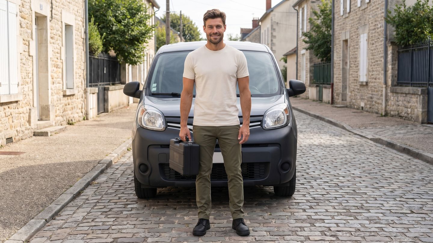 Technicien souriant tenant une mallette devant un utilitaire gris garé dans une rue pavée