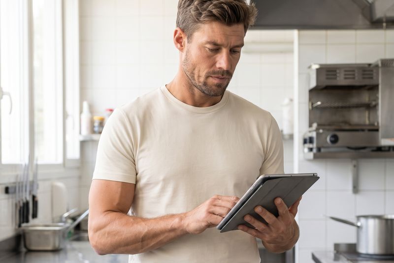 Technicien debout saisissant des informations sur une tablette dans une cuisine professionnelle